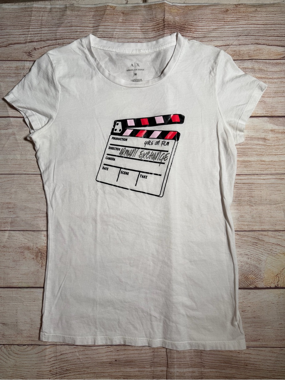 Armani Exchange White Short Sleeve Tee with Black and Pink Clapperboard Graphic